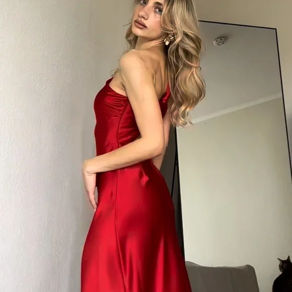 ZARA ASYMMETRIC SATIN EFFECT MIDI DRESS RED XS - Picture 8 of 16